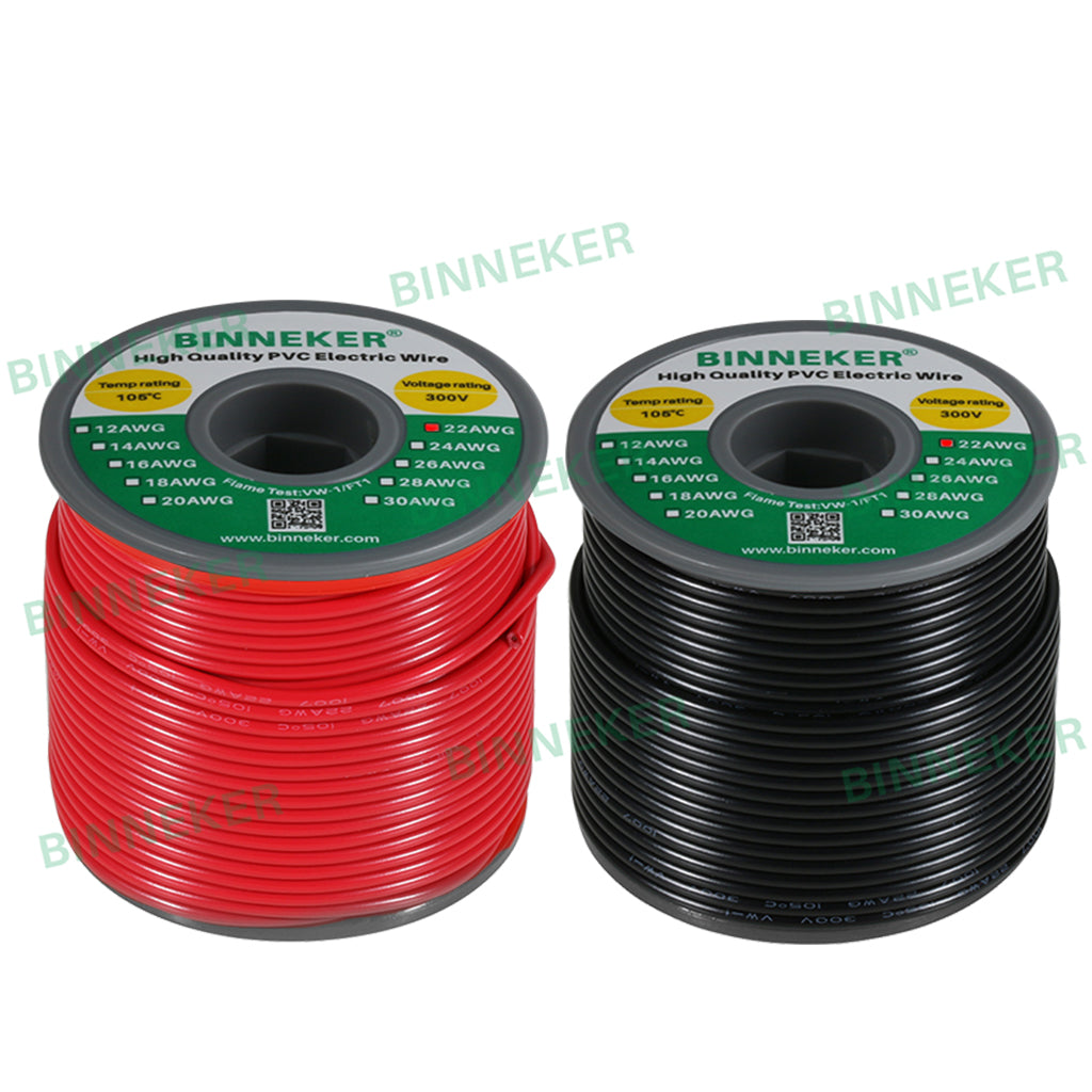 BINNEKER 22 Gauge PVC 1007 Hook-Up Wire – Red & Black 100ft Each, Solid Tinned Copper, 300V