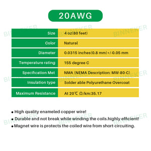 20 AWG Magnet Wire Natural 0.0315" Diameter 4 oz